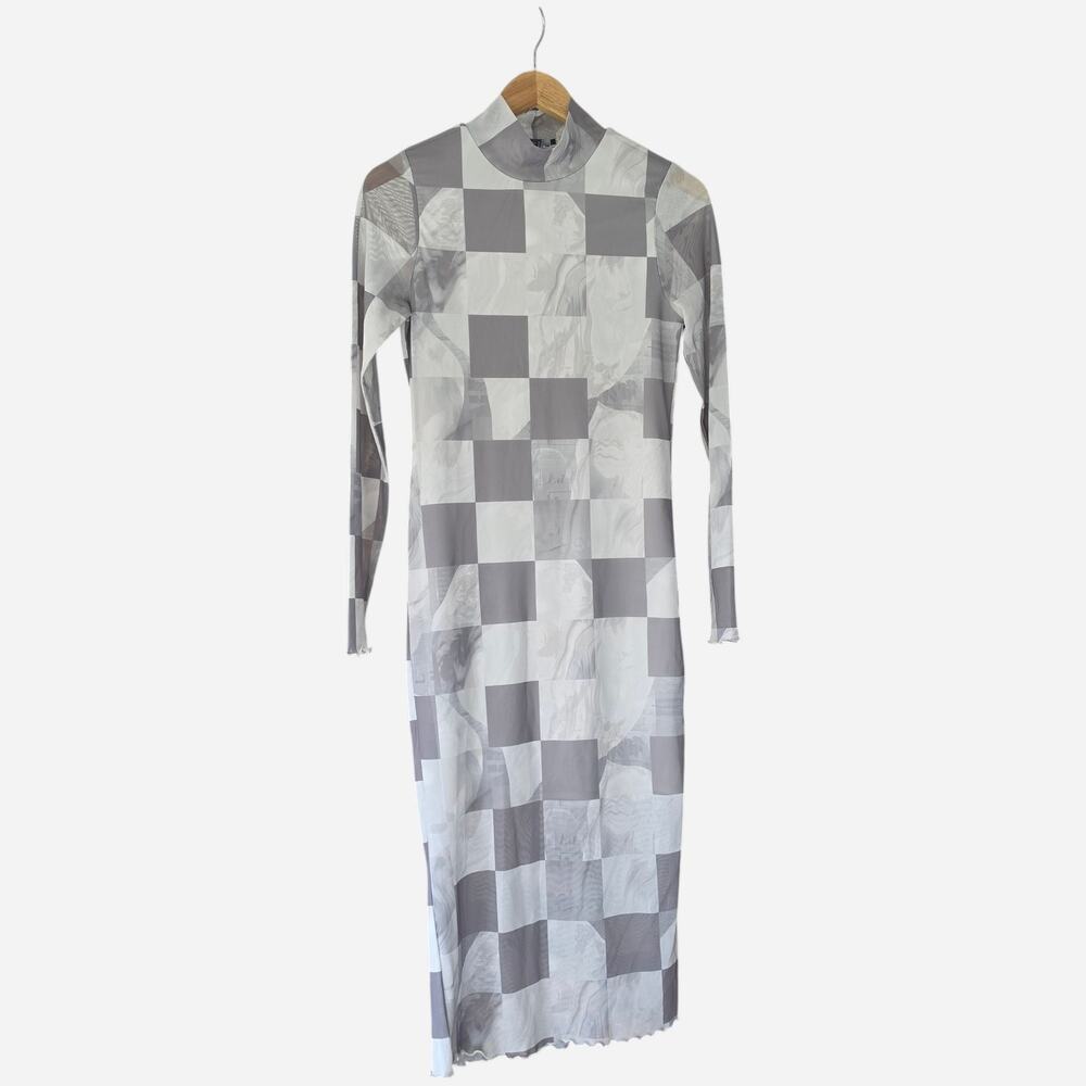 Forever 21 Gray Long Sleeve Mock Neck Sheer Fitted Midi Bodycon Dress Medium